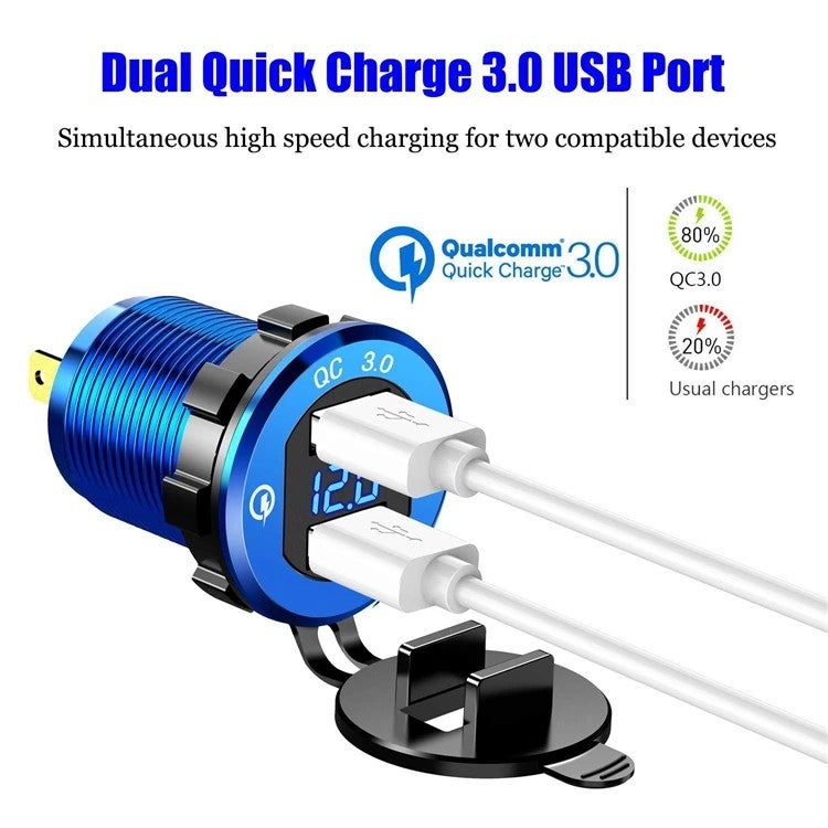 Bluejw Original Car Charger Adapter - Dual QC3.0 USB Ports Fast Automobile Charger with LED Digital Voltmeter - Image 3
